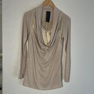 Heather Silk Modal Long Sleeve Cowl Neck T-Shirt Quiet Luxury Minimalist Neutral